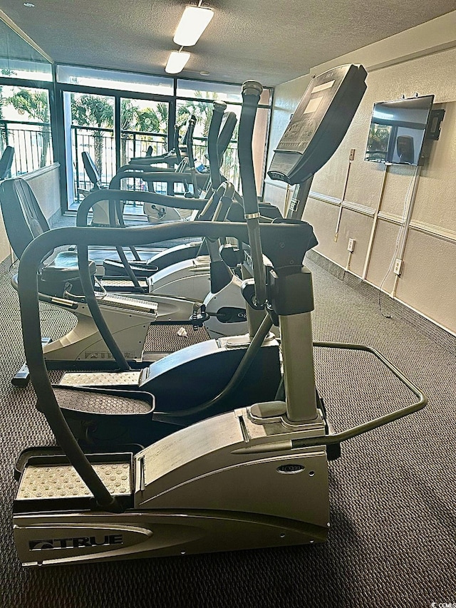 exercise room with carpet flooring and a textured ceiling