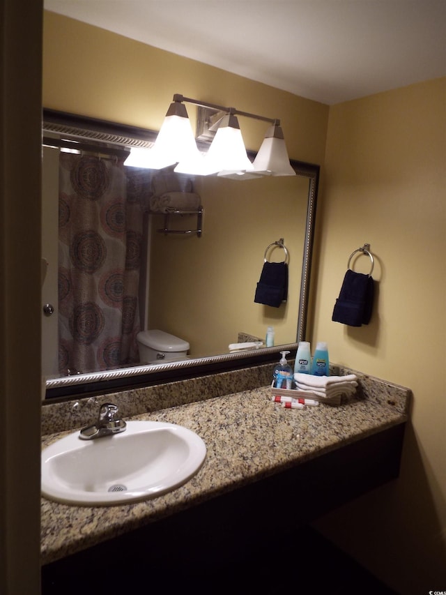 bathroom featuring vanity, curtained shower, and toilet