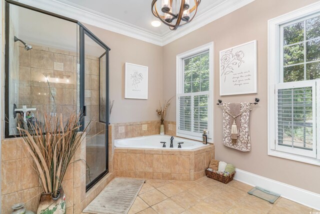 487 Lantana Cir, Georgetown, SC 29440 - full bathroom with a bath, a shower stall, tile patterned floors, a chandelier, and ornamental molding