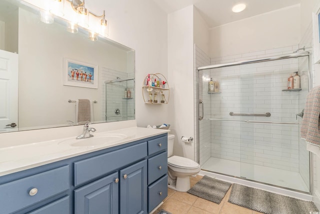 bathroom with tile patterned flooring, a stall shower, toilet, and vanity