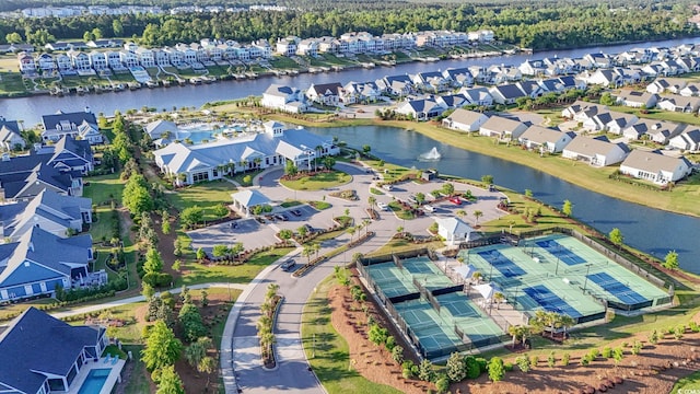 aerial view featuring a water view and a residential view
