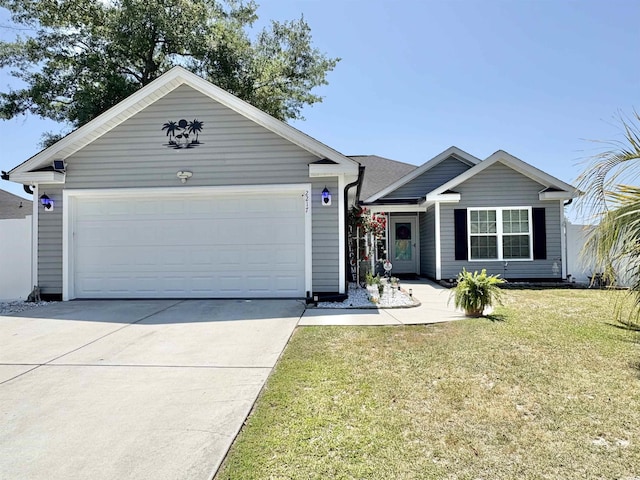ranch-style house with an attached garage, driveway, and a front lawn
