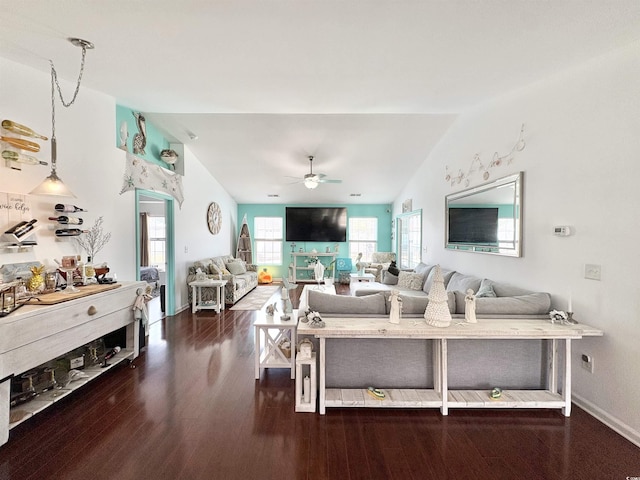 living room with ceiling fan, dark wood-style floors, and lofted ceiling