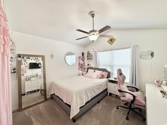 bedroom with a ceiling fan, carpet, and lofted ceiling