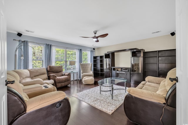 140 Zinnia Dr, Myrtle Beach, SC 29579 - living room featuring visible vents, wood finished floors, and a ceiling fan