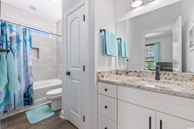 1028 Whooping Crane Dr, Conway, SC 29526 - bathroom featuring wood finished floors, shower / bath combo, vanity, and toilet
