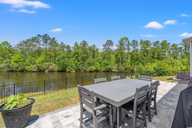 view of patio with a fenced backyard and a water view