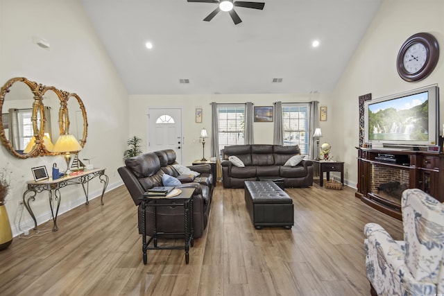 113 Edwards Ln, Longs, SC 29568 - living room with high vaulted ceiling, ceiling fan, wood finished floors, baseboards, and recessed lighting