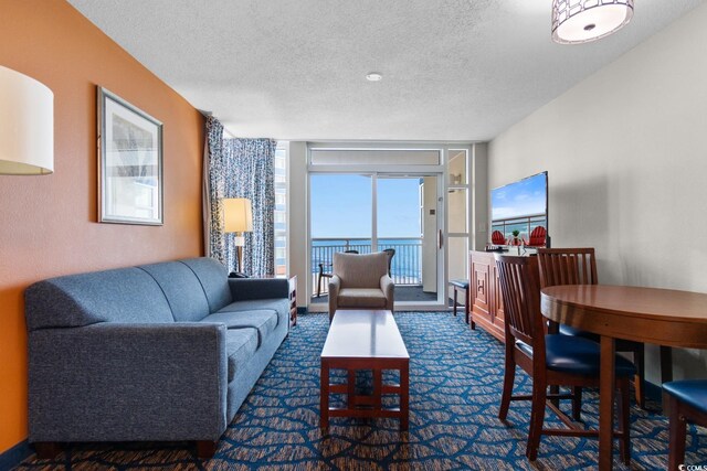 5200 N Ocean Blvd Unit 833, Myrtle Beach, SC 29577 - carpeted living room featuring a textured ceiling and expansive windows