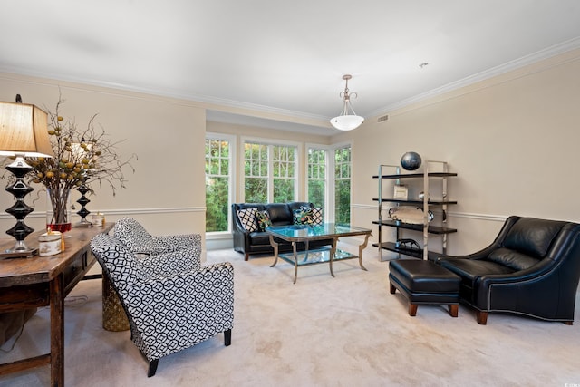 living area with carpet floors and crown molding