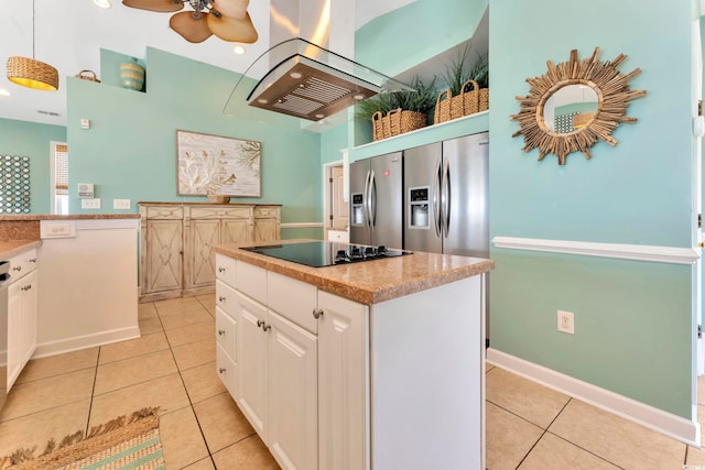 2808 N Ocean Blvd, North Myrtle Beach, SC 29582 - kitchen with black electric cooktop, light tile patterned flooring, ceiling fan, and island range hood
