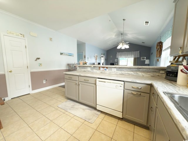 kitchen with a peninsula, white dishwasher, gray cabinets, a ceiling fan, and light tile patterned floors