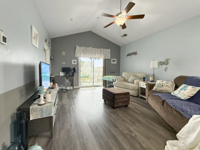 living area featuring high vaulted ceiling, a ceiling fan, wood finished floors, and visible vents