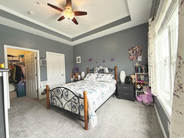 bedroom featuring carpet floors, multiple windows, and a walk in closet