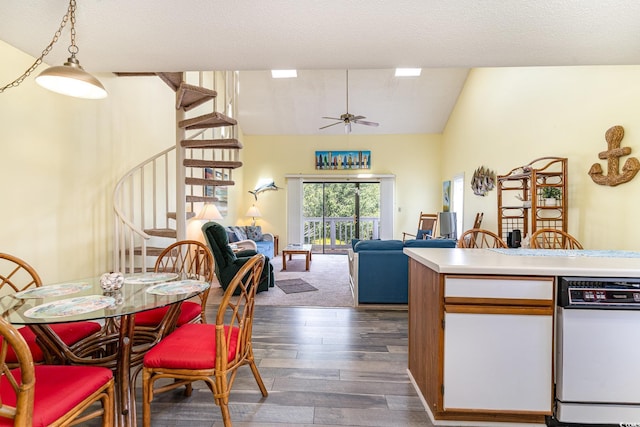 3700 Golf Colony Ln Unit 21B, Little River, SC 29566 - kitchen with dark wood-type flooring, ceiling fan, open floor plan, lofted ceiling, and light countertops