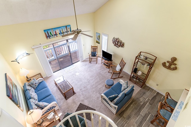 3700 Golf Colony Ln Unit 21B, Little River, SC 29566 - living area featuring high vaulted ceiling, ceiling fan, wood finished floors, and baseboards