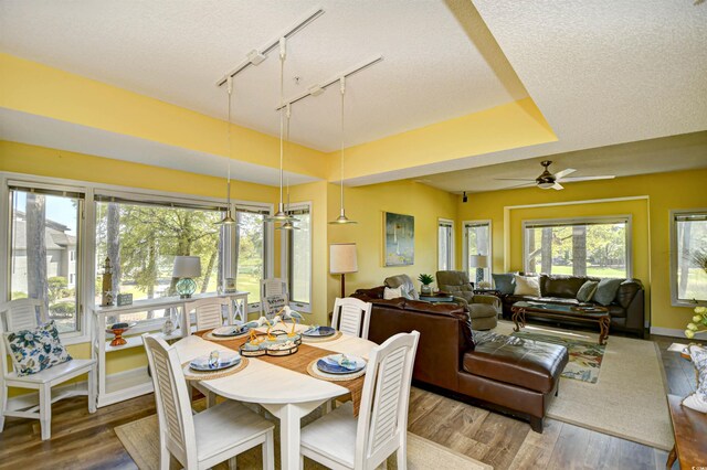 1401 Lighthouse Dr Unit 4226, North Myrtle Beach, SC 29582 - dining area with rail lighting, a textured ceiling, a ceiling fan, and wood finished floors