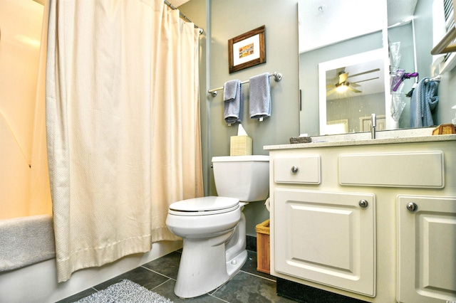 full bathroom with tile patterned flooring, shower / bathtub combination with curtain, toilet, and ceiling fan