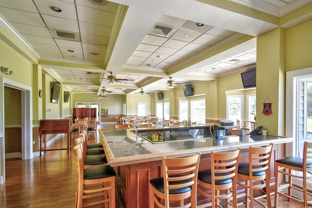 1401 Lighthouse Dr Unit 4226, North Myrtle Beach, SC 29582 - kitchen with a ceiling fan, visible vents, beam ceiling, wood finished floors, and coffered ceiling