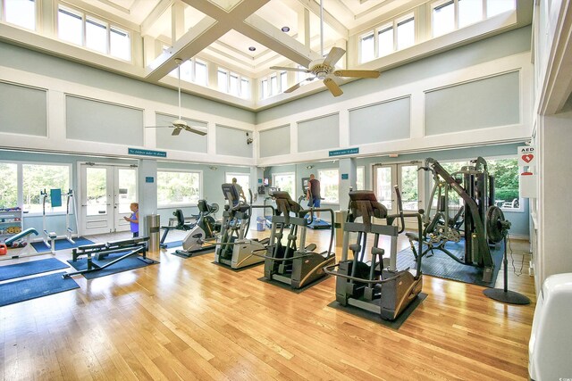 1401 Lighthouse Dr Unit 4226, North Myrtle Beach, SC 29582 - gym with french doors, light wood-style floors, ceiling fan, and a high ceiling