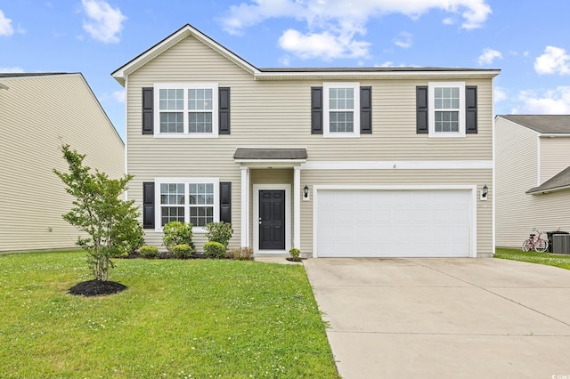 traditional-style home featuring a garage, central air condition unit, a front yard, and concrete driveway