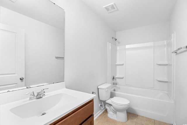 full bathroom with shower / bath combination, visible vents, tile patterned floors, vanity, and toilet