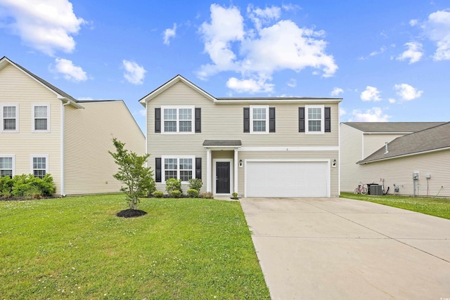traditional-style home featuring a garage, central AC, a front yard, and concrete driveway