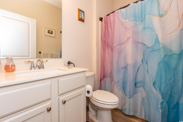 40 Parkside Dr, Pawleys Island, SC 29585 - full bath featuring toilet, vanity, wood finished floors, and a shower with curtain
