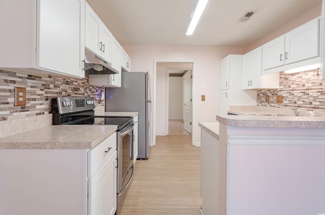 4300 Cross Cut Trl, Myrtle Beach, SC 29579 - kitchen featuring light wood-style floors, stainless steel electric range, under cabinet range hood, tasteful backsplash, and a sink
