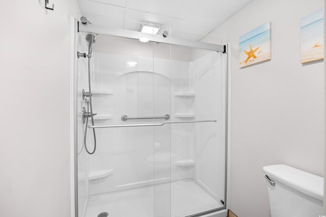 bathroom with toilet and a stall shower
