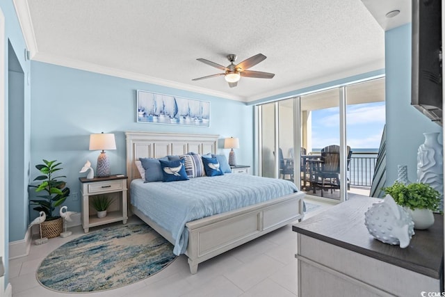bedroom with access to outside, light tile patterned flooring, ornamental molding, a textured ceiling, and a ceiling fan