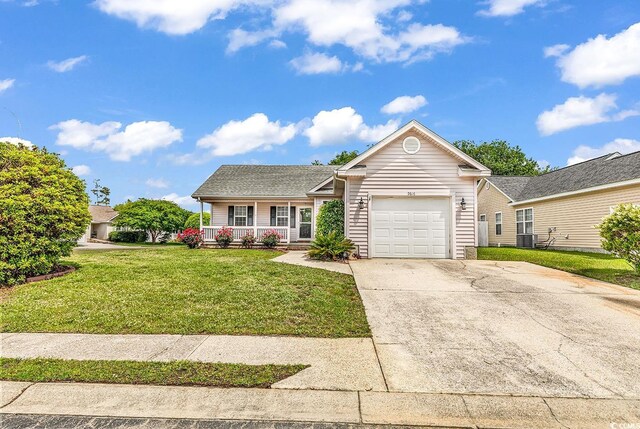 9616 Sullivan Dr, Murrells Inlet, SC 29576 - ranch-style home with a front lawn, covered porch, an attached garage, central air condition unit, and driveway