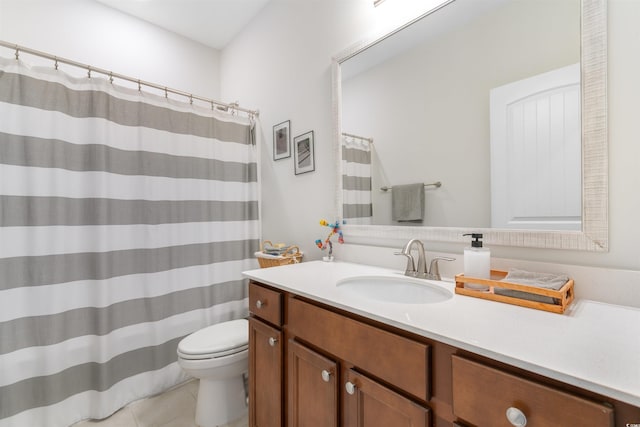 full bathroom with toilet, vanity, tile patterned flooring, and a shower with shower curtain