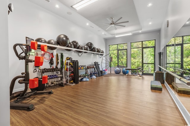 exercise area with ceiling fan, recessed lighting, and wood finished floors