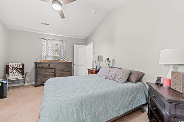 carpeted bedroom with vaulted ceiling, ceiling fan, and baseboards
