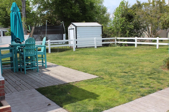 view of yard featuring a fenced backyard, a trampoline, a wooden deck, and a storage shed