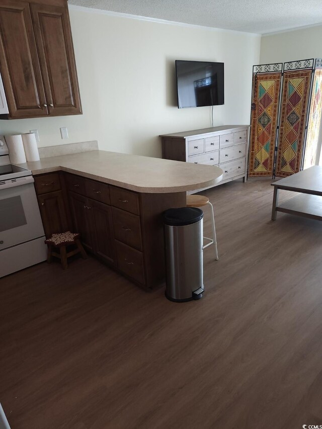 300 47th Ave S Unit 1E, North Myrtle Beach, SC 29582 - kitchen with white electric range oven, dark wood-style flooring, light countertops, a peninsula, and dark brown cabinets