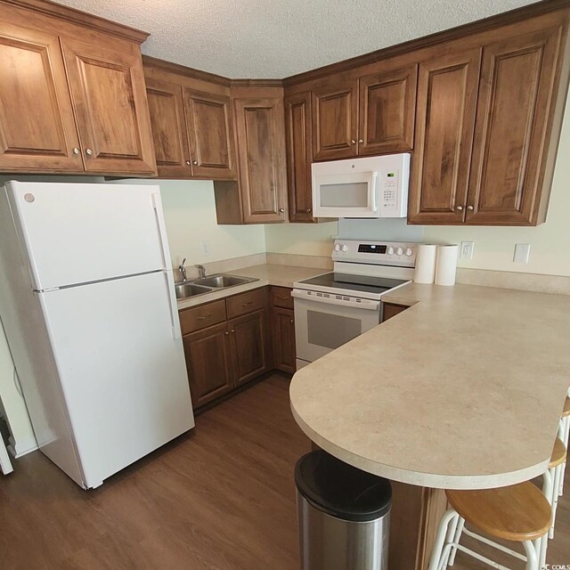 300 47th Ave S Unit 1E, North Myrtle Beach, SC 29582 - kitchen featuring white appliances, a sink, a peninsula, dark wood-style flooring, and light countertops