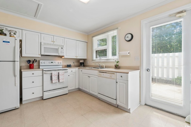 558 Juniper Dr -, Unit Myrtle Beach, SC 29577 - kitchen with ornamental molding, white appliances, a sink, white cabinetry, and light countertops
