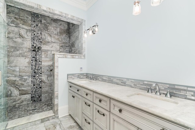 1400 James Island Ave, North Myrtle Beach, SC 29582 - bathroom with tiled shower, ornamental molding, double vanity, and tasteful backsplash