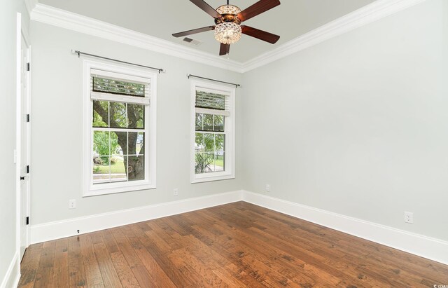 1400 James Island Ave, North Myrtle Beach, SC 29582 - empty room with ornamental molding, dark wood-style flooring, baseboards, and a ceiling fan