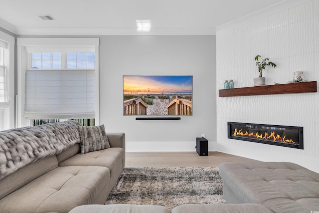260 Palmetto Harbour Dr, North Myrtle Beach, SC 29582 - living area featuring visible vents, crown molding, a glass covered fireplace, wood finished floors, and baseboards