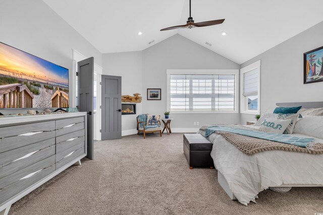 260 Palmetto Harbour Dr, North Myrtle Beach, SC 29582 - bedroom featuring light colored carpet, high vaulted ceiling, a ceiling fan, baseboards, and visible vents