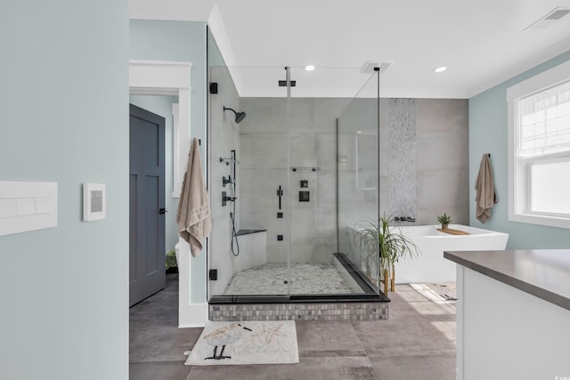 260 Palmetto Harbour Dr, North Myrtle Beach, SC 29582 - bathroom with crown molding, recessed lighting, a soaking tub, and a stall shower