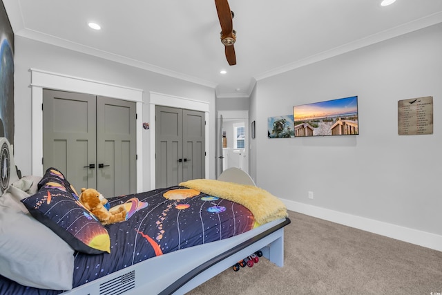 260 Palmetto Harbour Dr, North Myrtle Beach, SC 29582 - carpeted bedroom featuring recessed lighting, ornamental molding, multiple closets, and baseboards