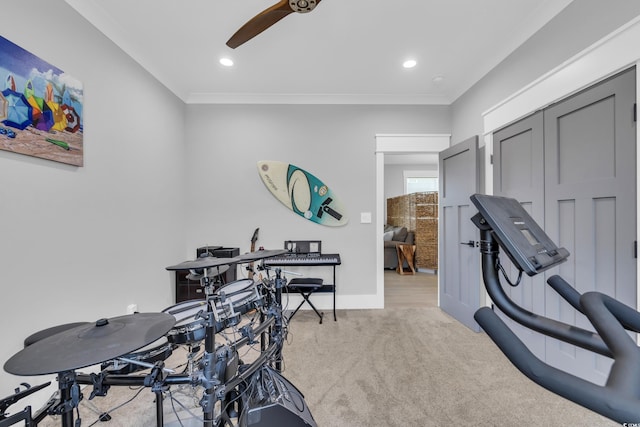260 Palmetto Harbour Dr, North Myrtle Beach, SC 29582 - workout room with a ceiling fan, crown molding, baseboards, carpet, and recessed lighting