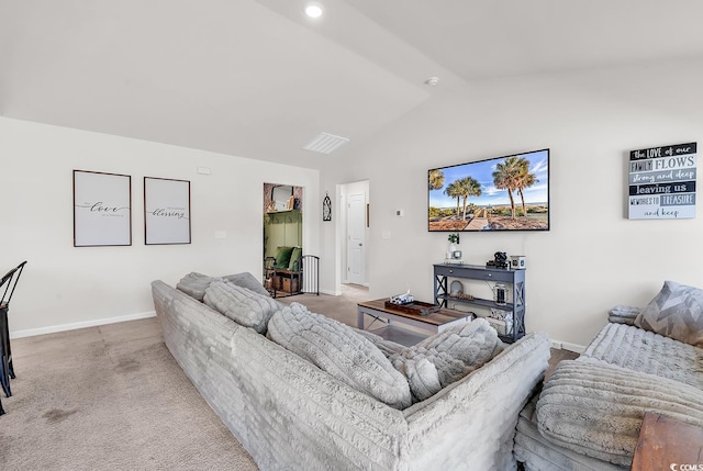 carpeted living room with baseboards, vaulted ceiling, and visible vents