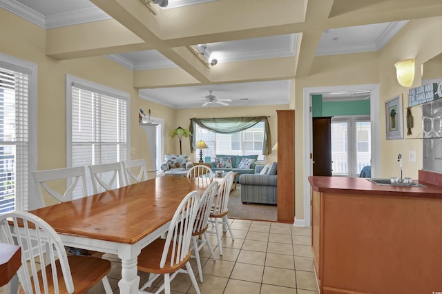dining space featuring crown molding, a ceiling fan, a healthy amount of sunlight, and coffered ceiling