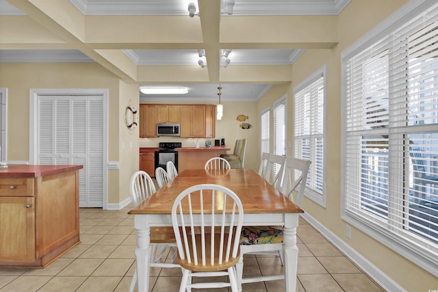 dining room featuring ornamental molding, coffered ceiling, light tile patterned flooring, and beamed ceiling