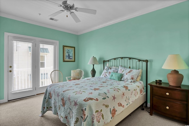 bedroom with visible vents, carpet flooring, ornamental molding, and access to exterior